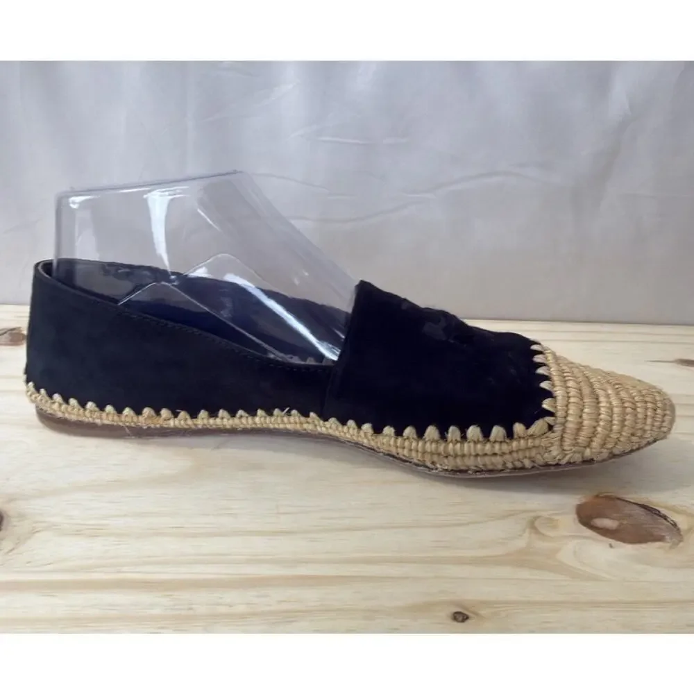 Tory Burch Arianne Espadrilles Black Suede Raffia Logo Flats Women's Size 8M